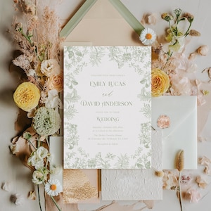 Invitación de boda Toile verde salvia Invitación de boda floral vintage, tema de boda victoriano Invitación de boda Toile de Jouy Chinoiserie