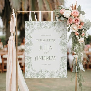 Sage Green Toile WEDDING Welcome Sign: Vintage Botanical Chinoiserie Floral Party Decor