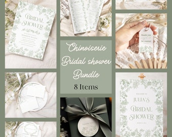 Sage green Toile bridal shower invitation bundle, Vintage floral decor, French Chinoiserie party theme