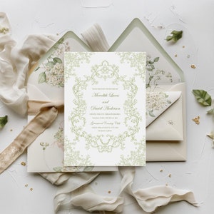 Vintage Blumenhochzeitseinladung viktorianische Hochzeit einladen, Barock Rahmen Klassisch Grün Blumenkamm Chinoiserie Hochzeitseinladung