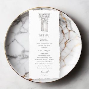 Modèle de menu de mariage minimaliste, thème méditerranéen de la Grèce Italie, menu du dîner de répétition de mariage modifiable, cartes de menu d'anniversaire bricolage