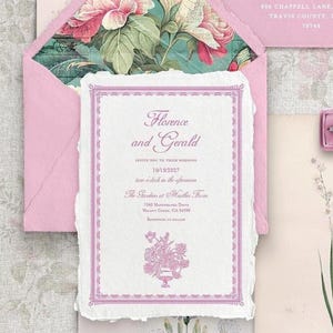 Vintage rosa Hochzeitseinladung, Hochzeitseinladung Frühling Sommer, Regency Botanischer Garten Hochzeitseinladung