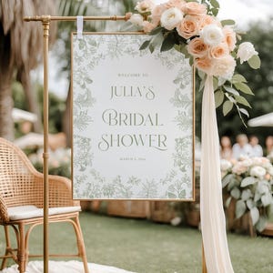 Chinoiserie Bridal Shower Welcome Sign: Sage Green Floral Toile Garden Decor Editable Template Download