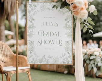 Chinoiserie Bridal Shower Welcome Sign: Sage Green Floral Toile Garden Decor Editable Template Download