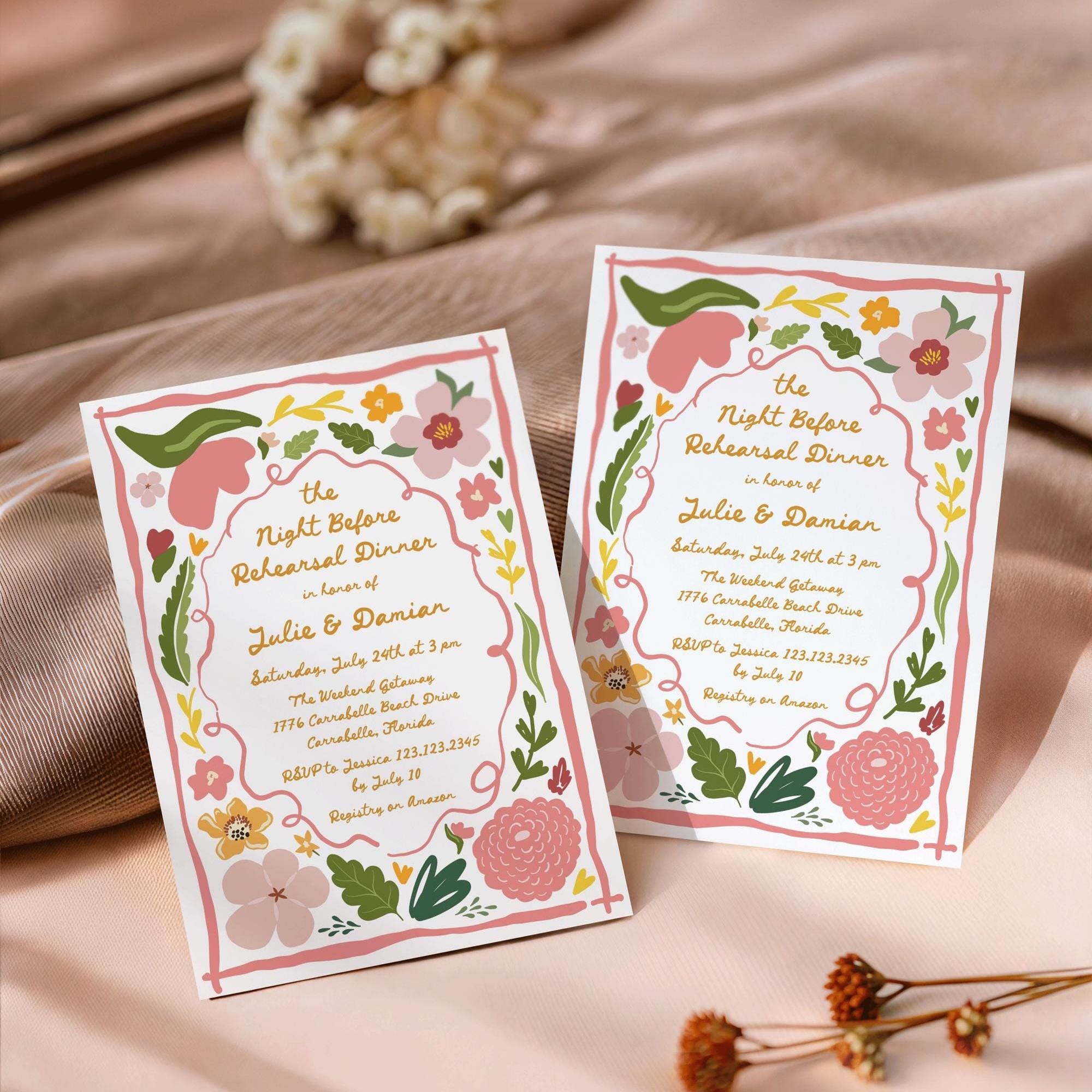 Pink floral Rehearsal dinner invitation Hand drawn wildflower Rehearsal invite, The night before wedding Summer colorful wedding invite