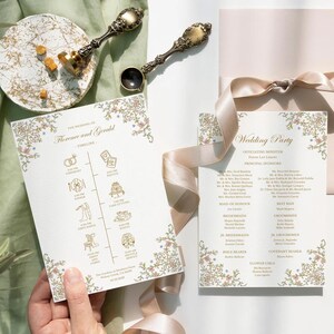 May include: Two white wedding stationery cards with gold floral borders and text. One card displays a timeline of events for Florence and Gerald, while the other lists the wedding party. Includes two ornate metal wax seal stamps and a pink ribbon.