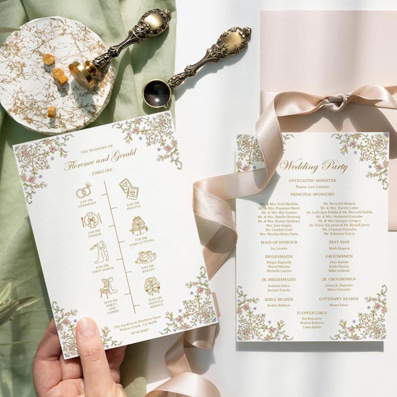May include: Two white wedding stationery cards with gold floral borders and text. One card displays a timeline of events for Florence and Gerald, while the other lists the wedding party. Includes two ornate metal wax seal stamps and a pink ribbon.