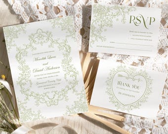 Suite d'invitations de mariage chinoises vertes, modèle modifiable, blason floral vintage, ensemble d'invitations imprimables de style victorien, régence et baroque
