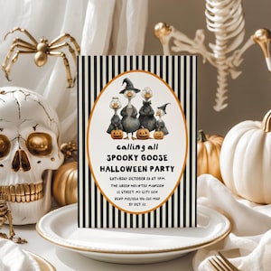 Spooky goose Halloween party Invitation Costume party invite for kids and adults, Black stripes Halloween goose party invite