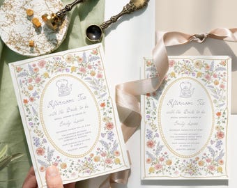 High tea uitnodiging vrijgezellenfeest VIntage bloementhee met de toekomstige bruid, Pastel Garden Afternoon tea party uitnodiging voor vrijgezellenfeest