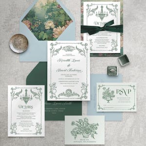 Green botanical wedding invitation Suite, Garden wedding invite set, Victorian Regency Vintage floral wedding Invite