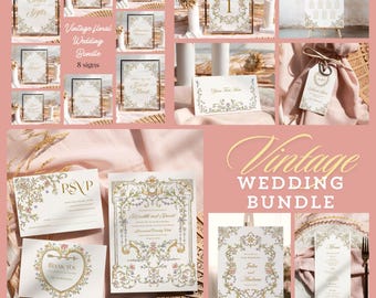 May include: Vintage floral wedding stationery bundle with 8 signs, including RSVP cards, thank you cards, and a seating chart. The designs feature delicate floral illustrations and gold accents.