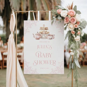 Baby shower Tea party Welcome sign Pink toile Baby shower sign Floral Chinoiserie High tea party decor, Girl Tea Baby shower welcome sign