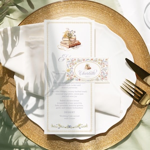 Nuovo capitolo menu baby shower e segnaposto Menu compleanno floreale vintage, decorazioni per baby shower stile libro di fiabe, inizia il nuovo capitolo Menu per addio al nubilato