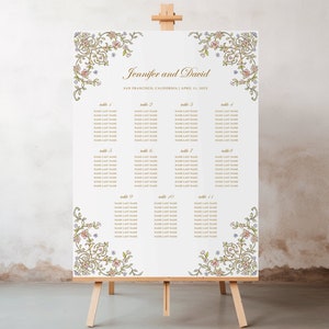 May include: Wedding seating chart with a floral design border. The chart lists tables 1 through 11 with guest names under each table number. The text at the top reads "Jennifer and David" and "San Francisco, California | April 10, 2022".