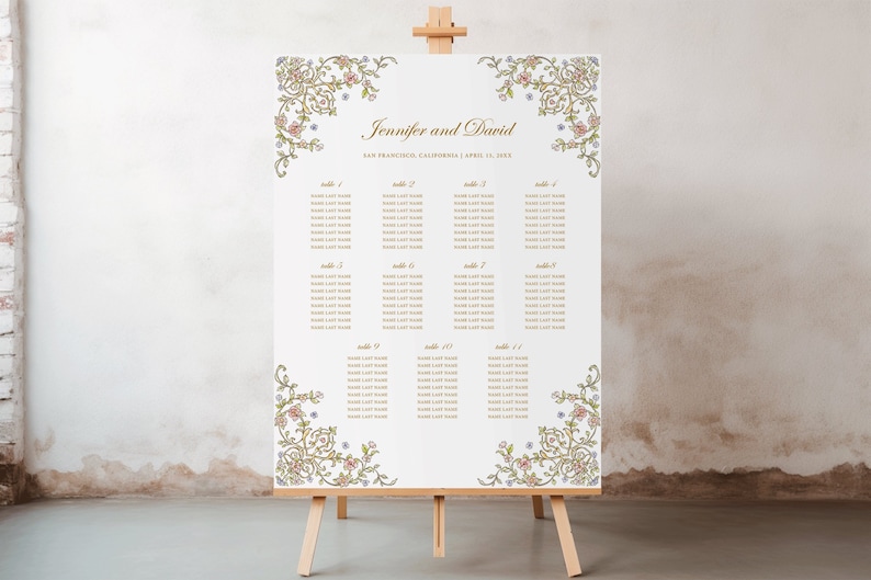 May include: Wedding seating chart with a floral design border. The chart lists tables 1 through 11 with guest names under each table number. The text at the top reads "Jennifer and David" and "San Francisco, California | April 10, 2022".