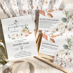 Fall pumpkin twins baby shower invitation template, two little pumpkins baby shower invite, floral autumn fall baby shower invitation twins