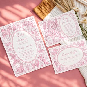 Toile safari Baby shower Invitation Girl Chinoiserie Jungle baby shower invite set, Pink toile de jouy Summer baby shower invites