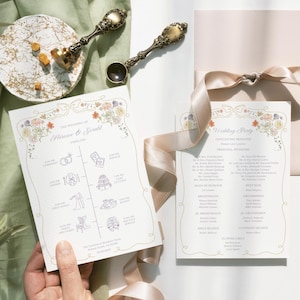 Cronología de boda floral Orden de eventos con iconos, Itinerario de boda, Programa floral morado rosa pastel, Tarjeta de eventos de boda primavera verano