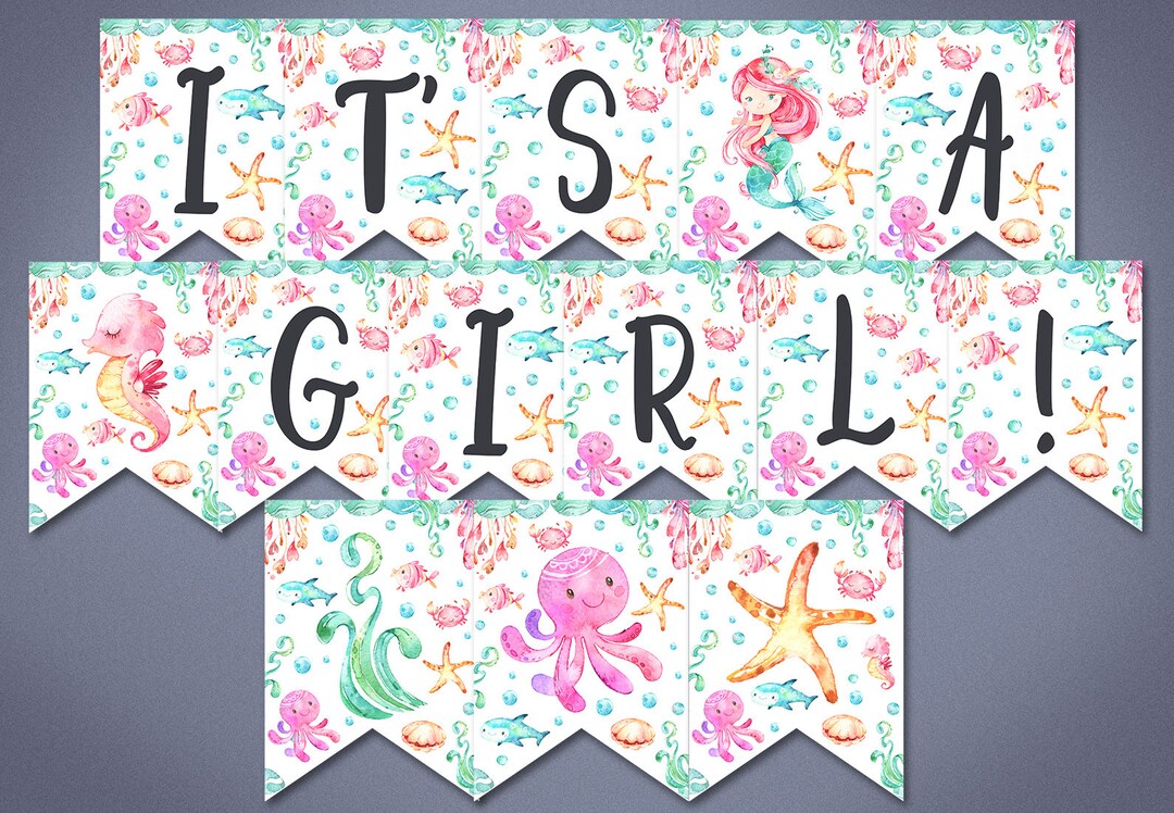 Mermaid Banner It's a Girl Banner Printable, Mermaid Baby Shower ...