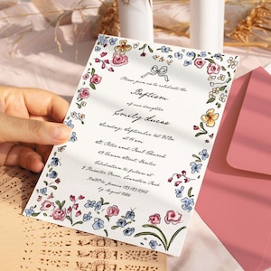 Floral Baptism invitation girl Christening invitation, doodle flowers invite, Whimsical Hand drawn wildflower baptism invite