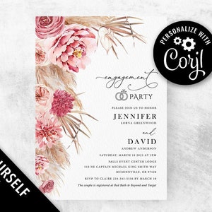 Pampas wedding invitation boho tropical wedding invite printable, Spring summer pink floral Beach wedding invitation suite image 6