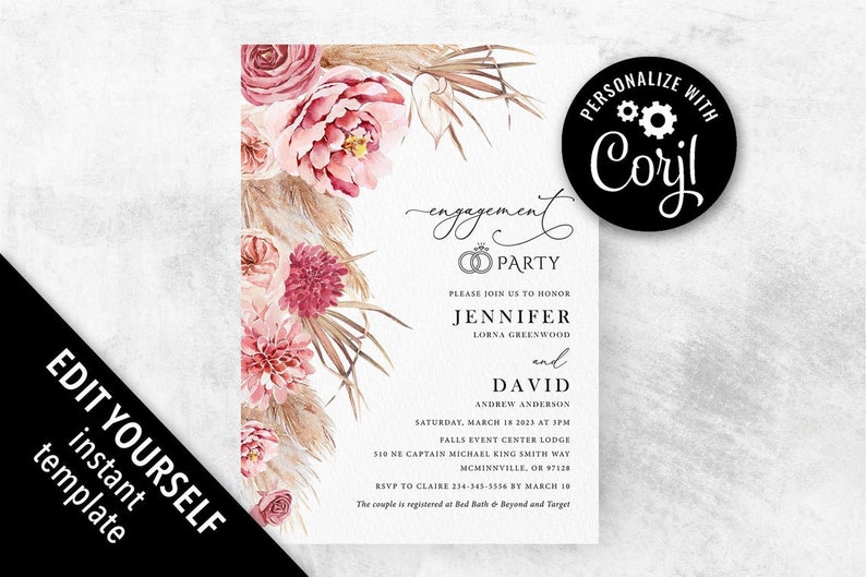 Pampas wedding invitation boho tropical wedding invite printable, Spring summer pink floral Beach wedding invitation suite image 6