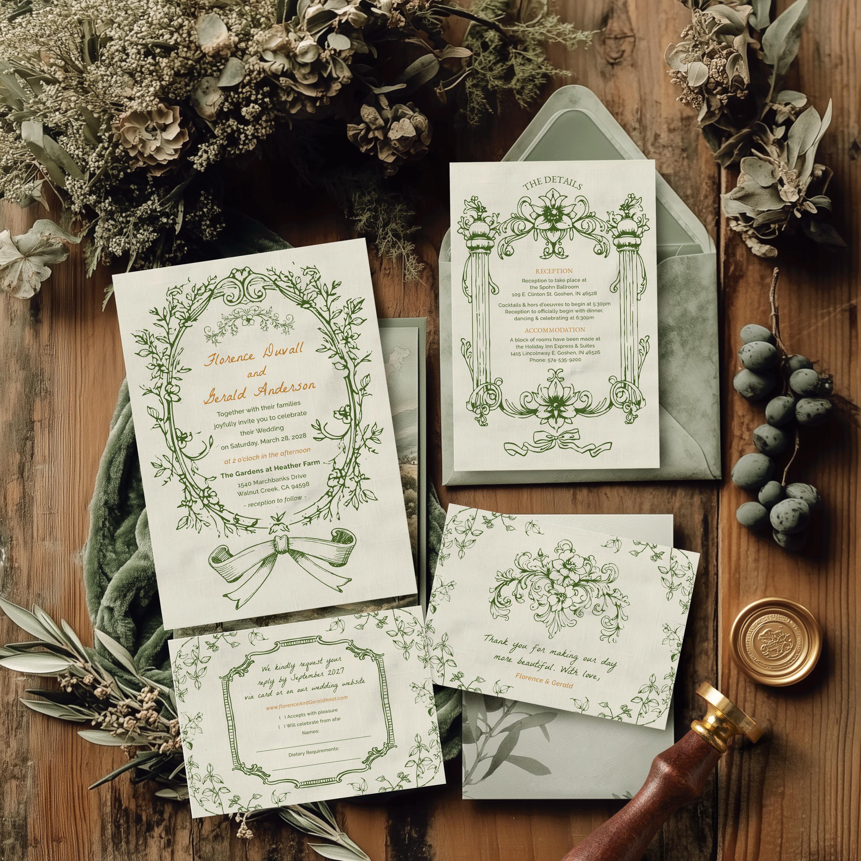 Emerald Green Regency Wedding Invitation Suite: Victorian Baroque