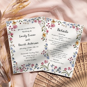 Invitación de boda floral dibujada a mano Invitación de boda divertida y caprichosa escrita a mano con tarjeta de detalles, invitación de boda con flores silvestres