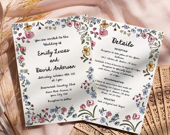 Hand drawn Floral Wedding Invitation & Details card, Whimsical Wildflower Garden party theme