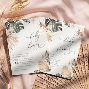 Tropical baby shower invitation girl baby shower invite template blush pink floral greenery palm leaf Boho baby shower invitations