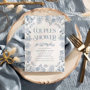 Chinoiserie Couples Shower Invitation Dusty Blue Toile French Garden Floral Vintage Editable Template