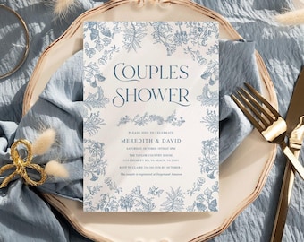 Chinoiserie couples shower invitation Dusty blue Toile wedding shower invite, Blue floral vintage French garden wedding invitation