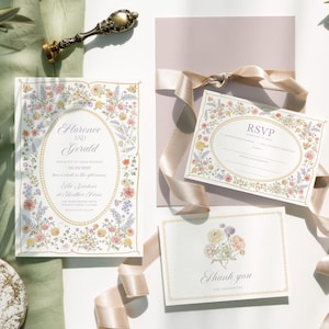 Pastel floral wedding invitation Spring summer Wildflower wedding invite set, Love in bloom Vintage garden wedding invitation suite
