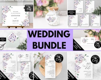 Lavender Wedding invitation bundle pink purple floral wedding invitation template, Pastel Spring summer boho Purple wedding bundle