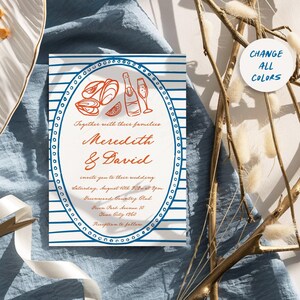 Nautical wedding invitation Hand drawn Doodle Illustrated Oyster Champagne seashell Coastal wedding, Beach wedding invitation Handwritten