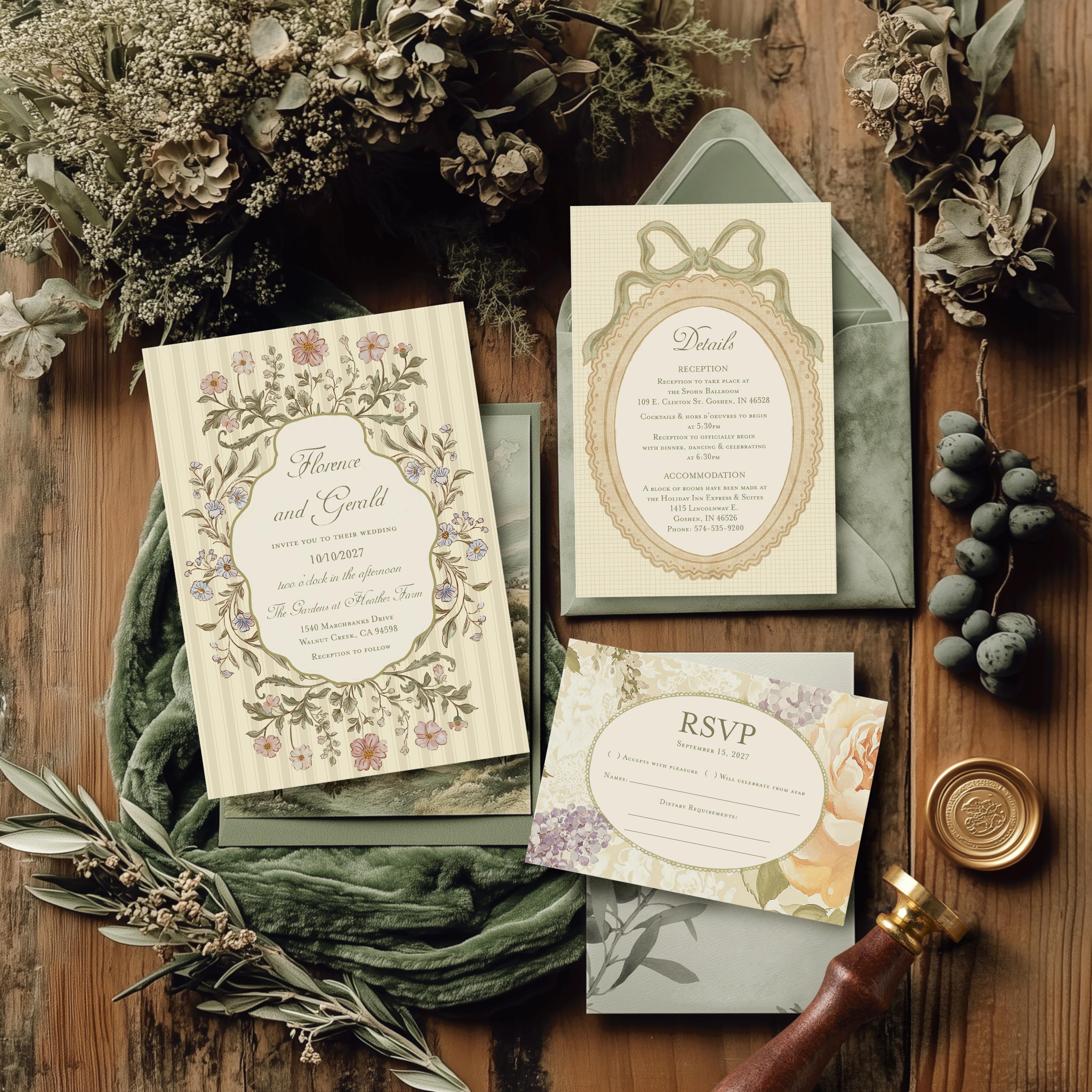 Cottagecore Wedding Invitation Suite: Pink & Blue Floral (Digital Download)