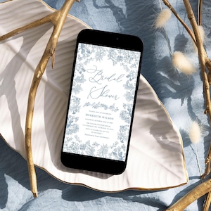 Toile Bridal shower invitation Blue floral vintage bridal shower Evite Electronic text Dusty blue Chinoiserie bridal shower invite