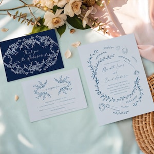 Suite de invitación de boda moderna, invitación de boda de verano de bellas artes, invitación de boda azul abstracta