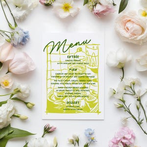 Carte de menu d'été Menu de douche nuptiale Ciao miss, menu de mariage italien aux agrumes dessiné à la main, menu du dîner d'anniversaire La dolce vita vert citron