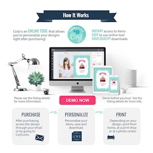 May include: An infographic titled How It Works showing a computer, tablet, and smartphone displaying a birthday invitation design. Text includes Corjl, DEMO NOW, PURCHASE, PERSONALIZE, and PRINT. The graphic explains the process of using an online tool to customize, save, and download digital files for printing.