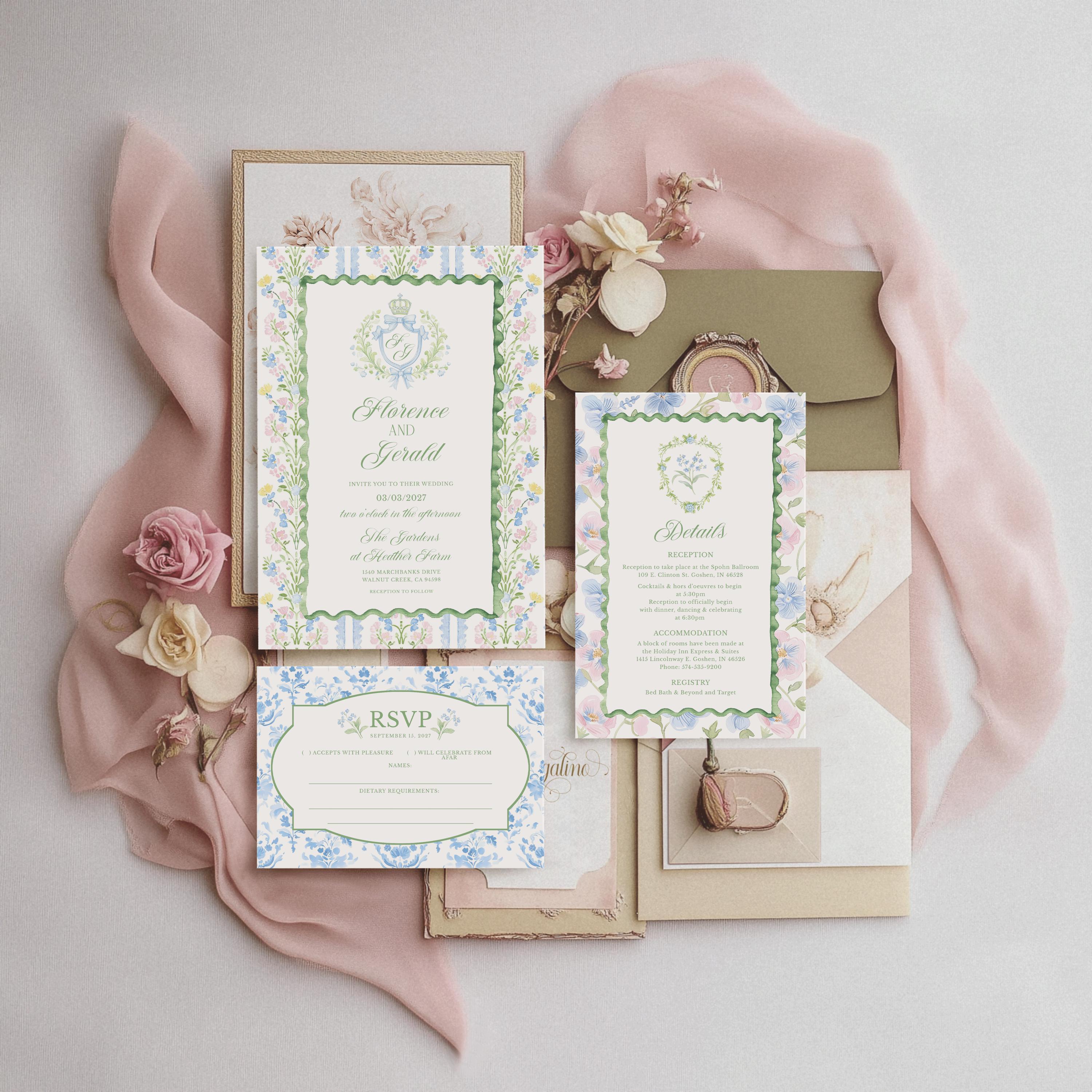 Pastel floral wedding invitation Vintage grandmillennial wedding invite, Spring summer Pink Blue Green Crest Botanical garden wedding suite