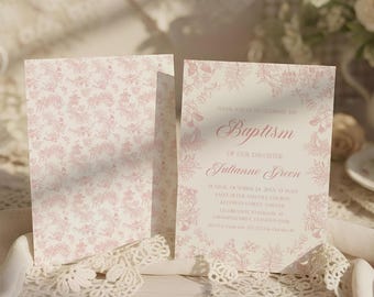 Pink Chinoiserie Baptism Invitation, Editable Vintage Toile De Jouy Floral Christening Template