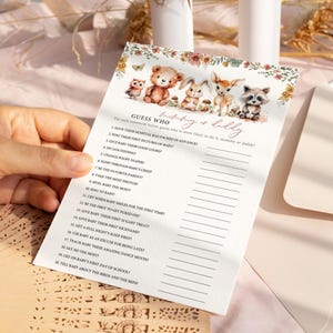 Mommy or daddy game Girl Woodland baby shower Game forest animals Guess who Mom or dad game