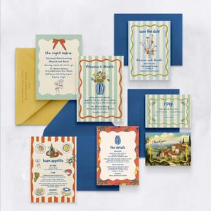 Suite di nozze italiana stravagante / Mediterraneo colorato a righe stravagante / Invito La Dolce Vita Olive Lemon Corjl Template