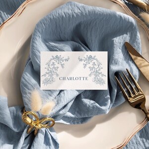 Chinoiserie place card Dusty blue Toile wedding name cards, Floral vintage Food labels buffet cards, Baby shower, bridal shower, baptism