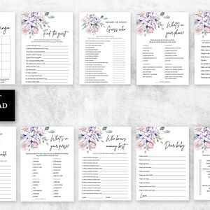 Lavender Baby Shower Games bundle girl baby shower games printable set, Spring summer boho, pink purple floral baby shower games