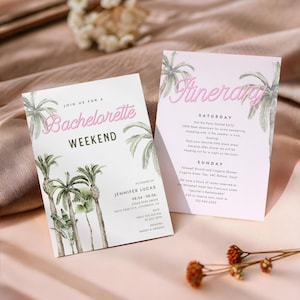 Invito per festa di addio al nubilato tropicale, calendario per festa di addio al nubilato con palme, invito per festa di addio al nubilato in spiaggia estiva