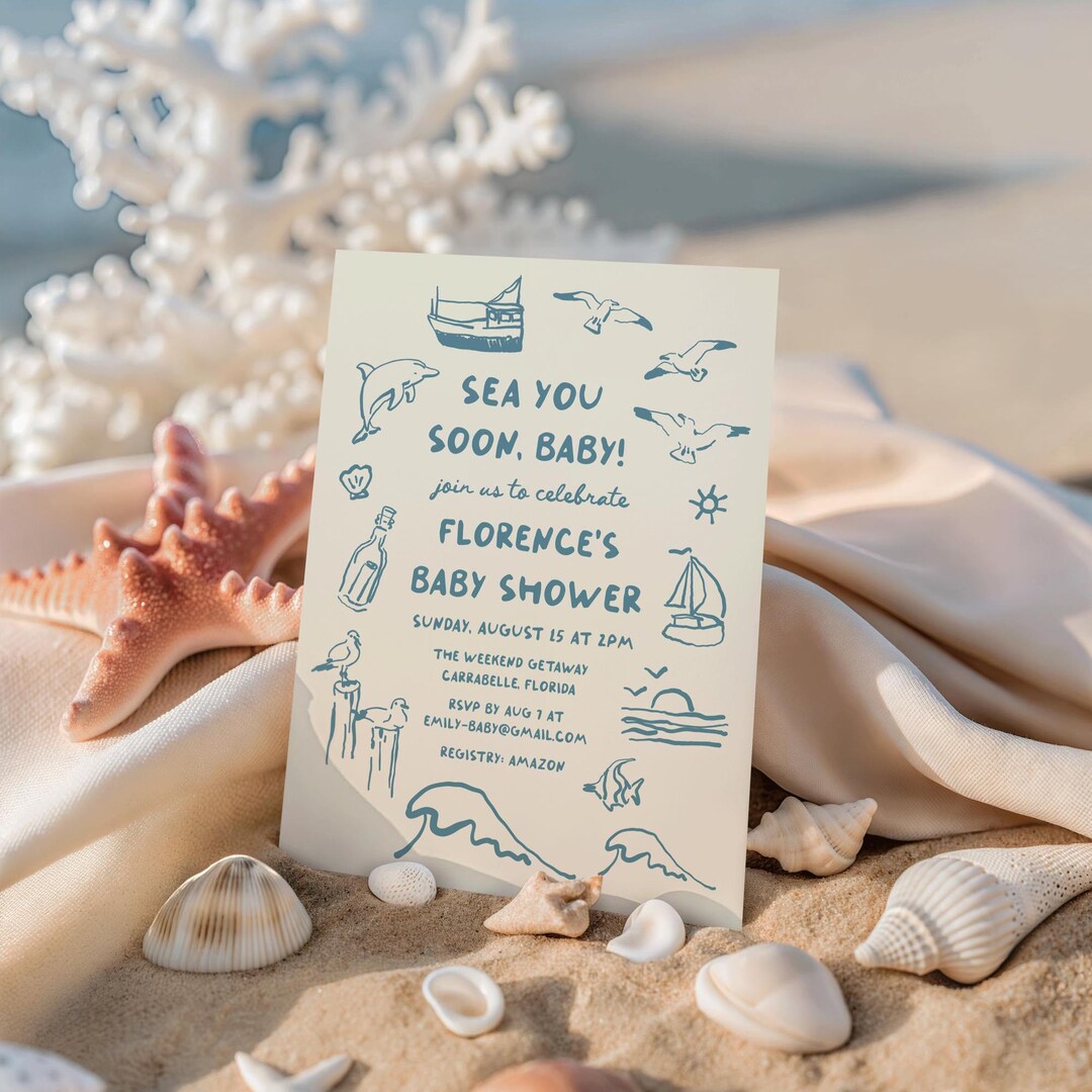 Coastal Baby Shower Invitation Boy, Sea You Soon Nautical Summer Theme ...