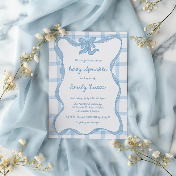 Hand-drawn blue bow invitation, Boy baby sprinkle invite, Blue Gingham